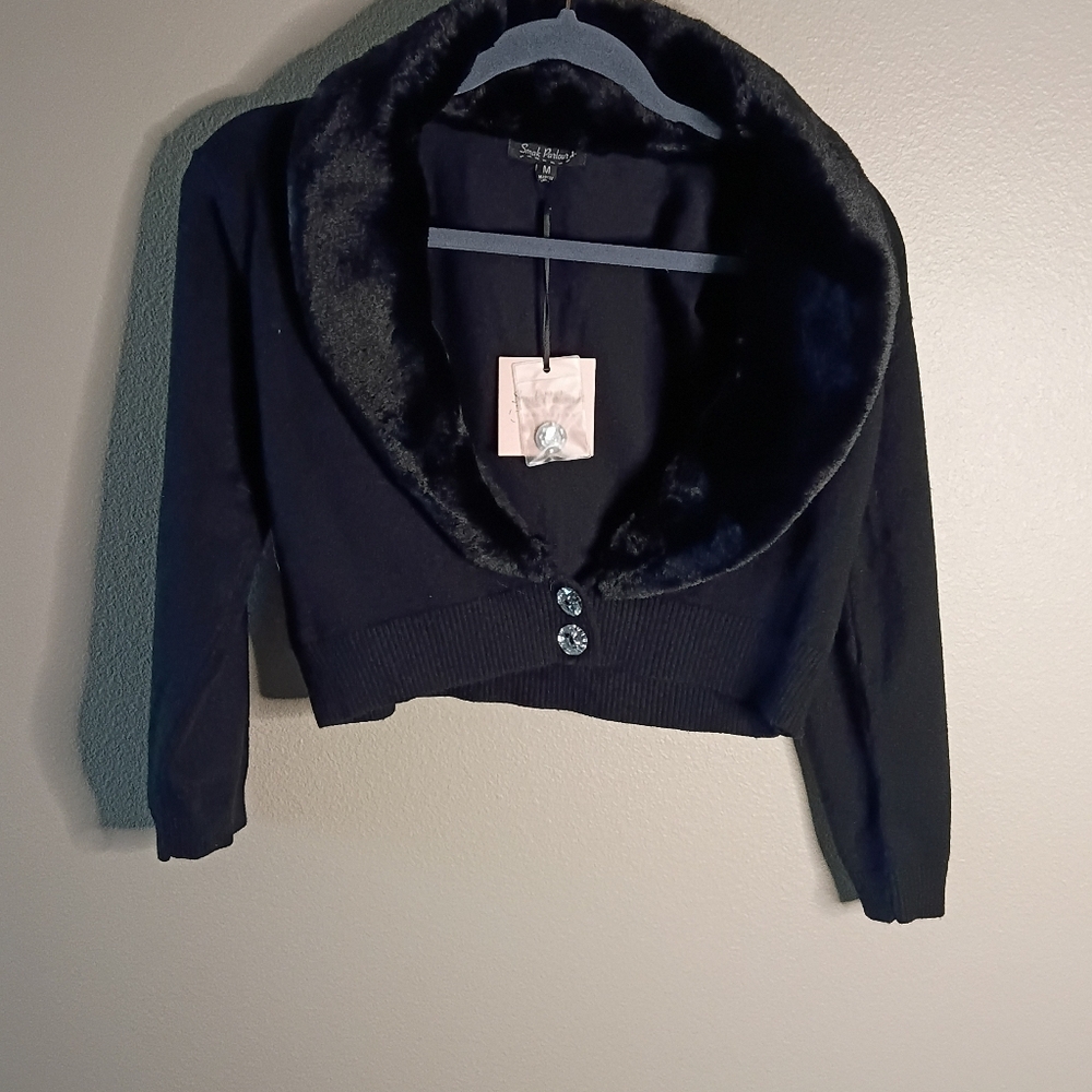 Smak Parlour Luxurious Faux Fur Collar Cardigan Black Cropped Size M NWT